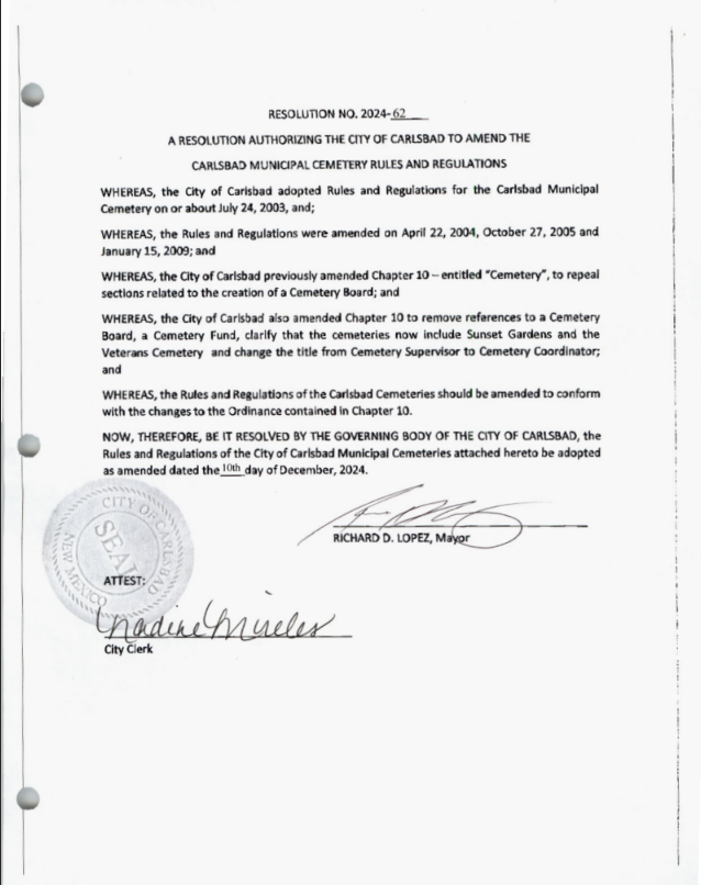 Carlsbad Municipal Cemetery - RULES AND REGULATIONS
